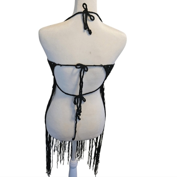 Crochet Swim Cover Up Black Open Back Fringe Boho Crop Top - Picture 7 of 16
